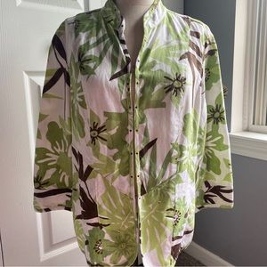 Tropical Green & Brown Jacket By Multiples, 3/4 Arm Jacket, Size Large